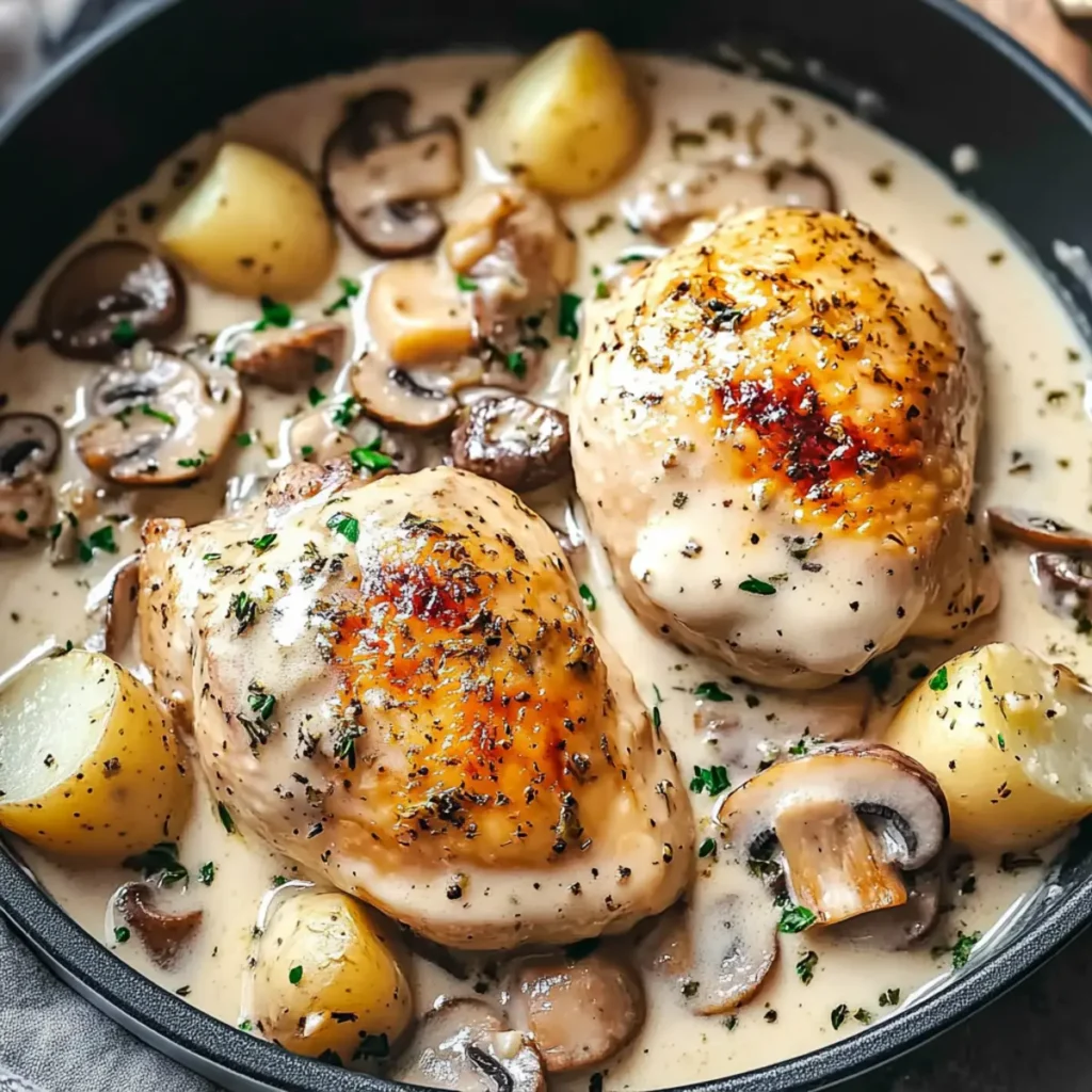 Herb Roasted Chicken in Creamy White Sauce with Mushrooms and Potatoes