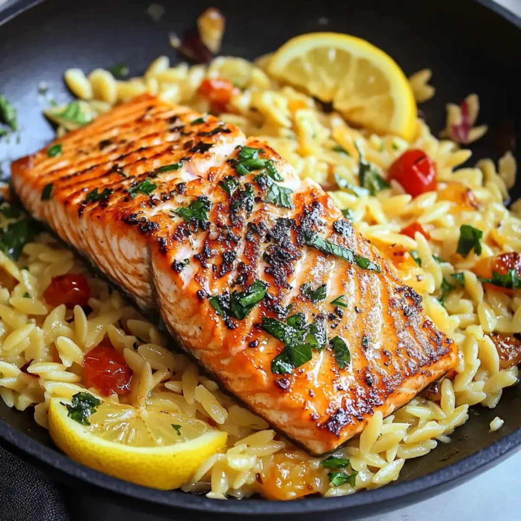 One Skillet Salmon with Lemon Orzo