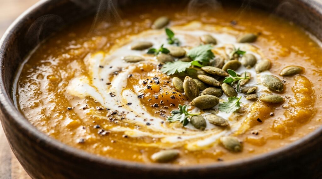 Ultra close-up macro of velvety roasted acorn squash and coconut soup in ceramic bowl