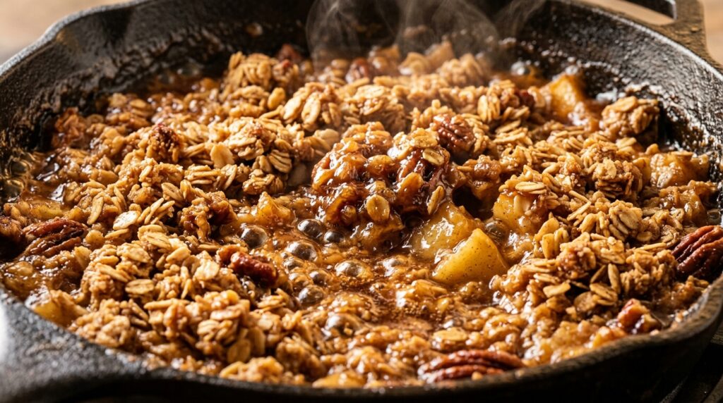 Ultra close-up macro of cozy brown butter apple crisp with oat streusel bubbling in cast iron skillet