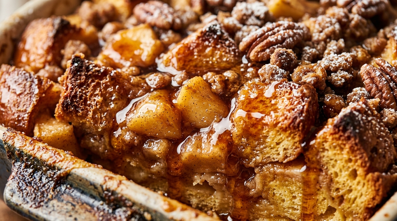 Ultra close-up macro of baked cinnamon apple french toast casserole with caramelized brioche and pecan streusel
