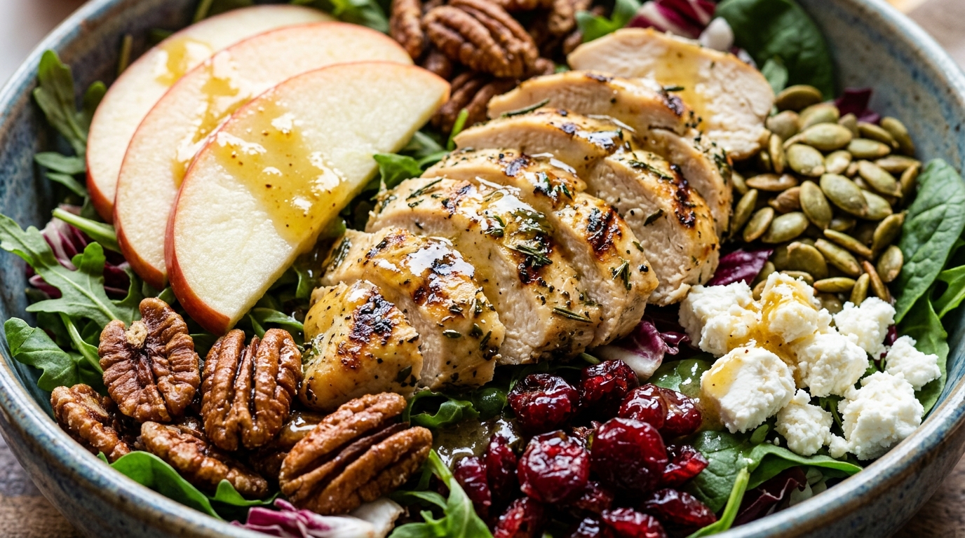 Ultra close-up macro of autumn harvest honeycrisp apple chicken salad bowl with sliced grilled chicken and glazed pecans
