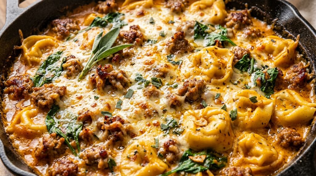 Ultra close-up macro of creamy autumn beef sausage and tortellini skillet bake bubbling with melted mozzarella