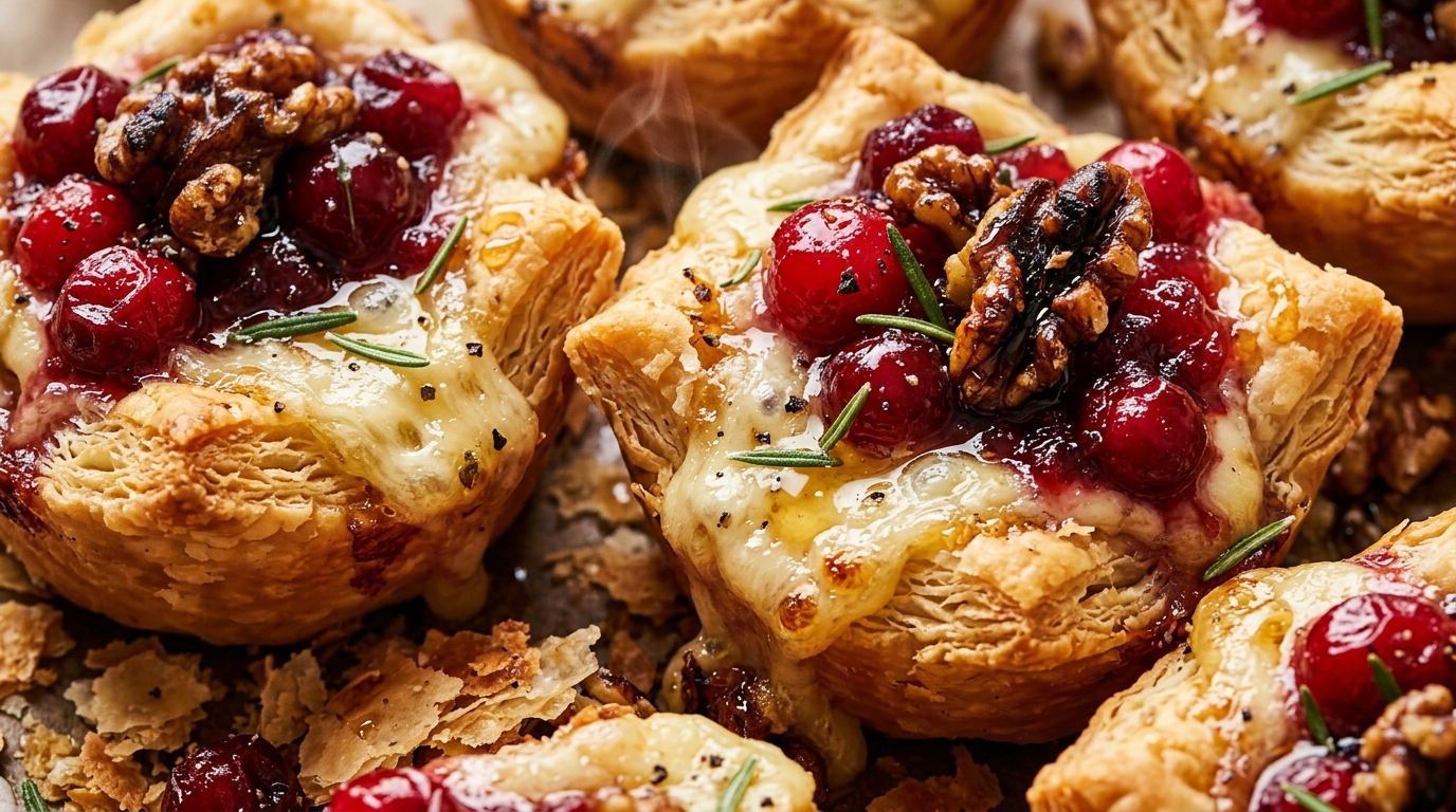 Ultra close-up macro of flaky cranberry walnut baked brie bites with molten cheese and ruby cranberries
