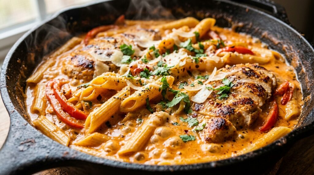 Ultra close-up macro of creamy chipotle garlic chicken pasta simmering in skillet