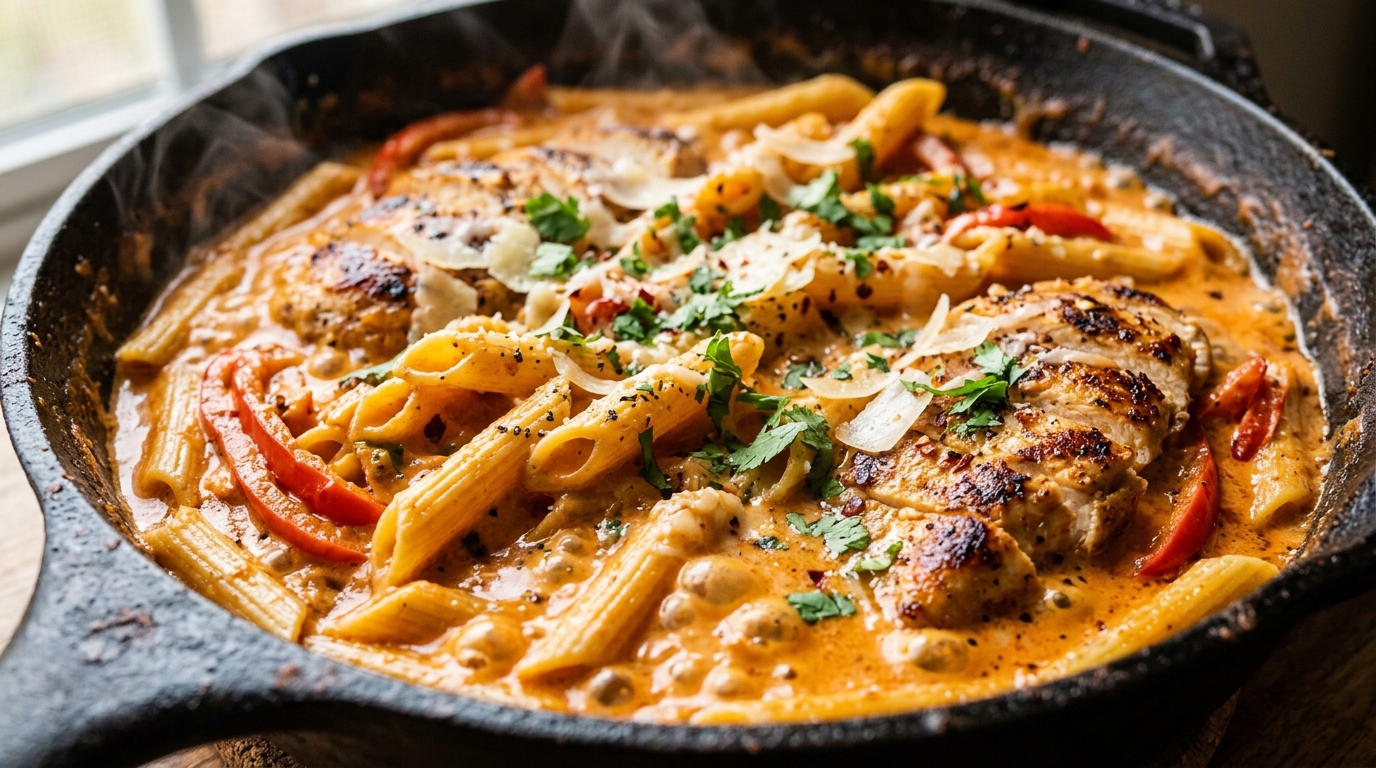Ultra close-up macro of creamy chipotle garlic chicken pasta simmering in skillet