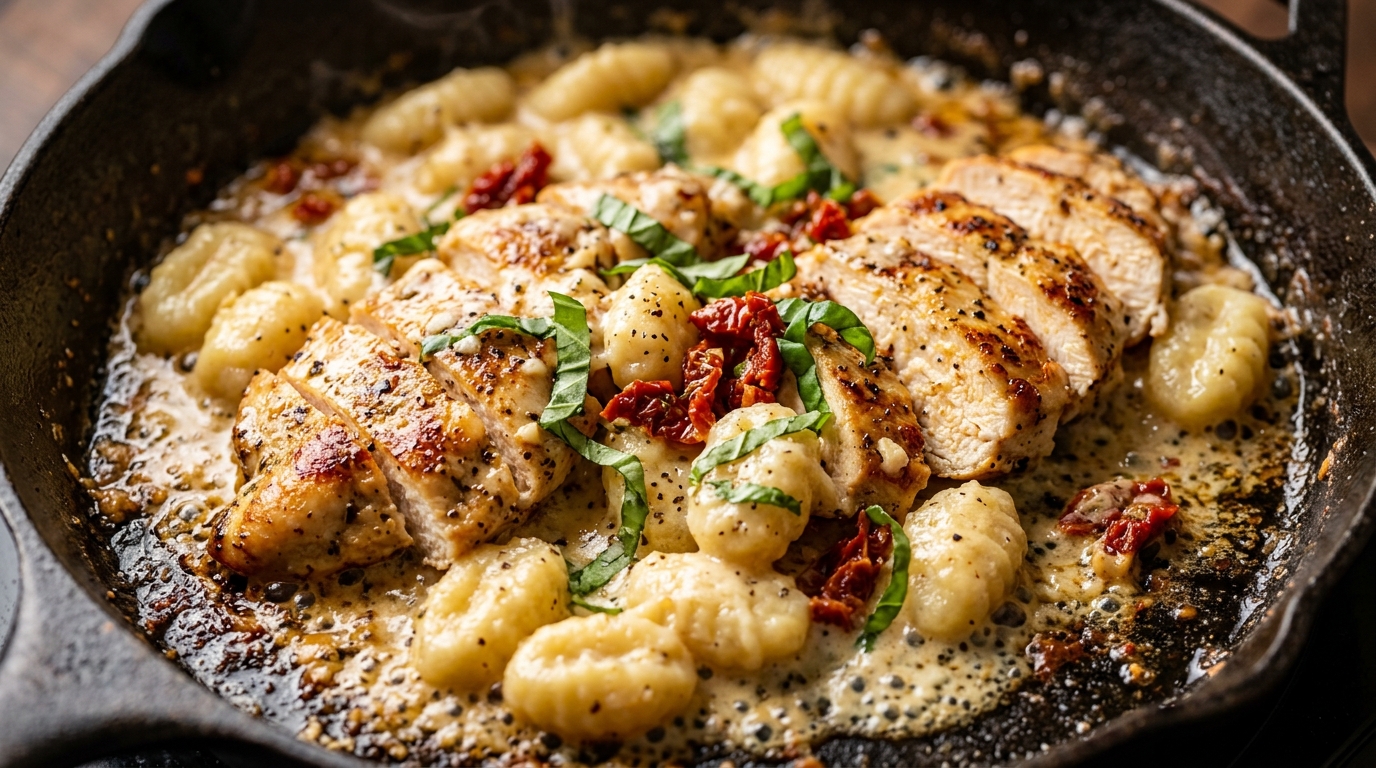 Ultra close-up macro of creamy garlic butter chicken gnocchi bubbling in skillet