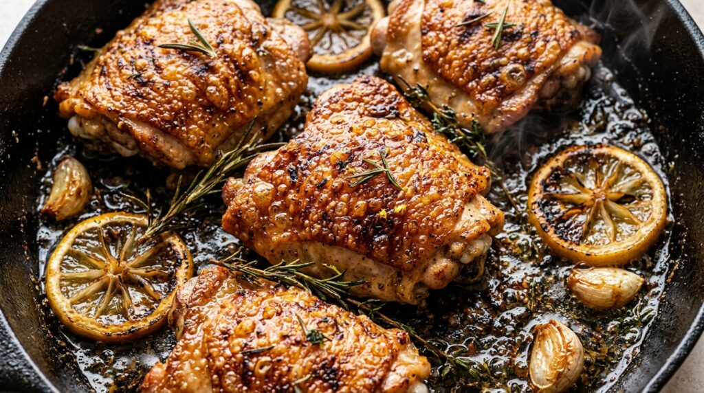 Ultra close-up macro of crispy cast-iron lemon herb chicken thighs sizzling in skillet