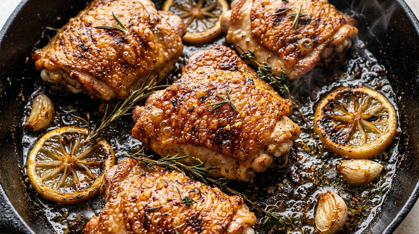 Ultra close-up macro of crispy cast-iron lemon herb chicken thighs sizzling in skillet