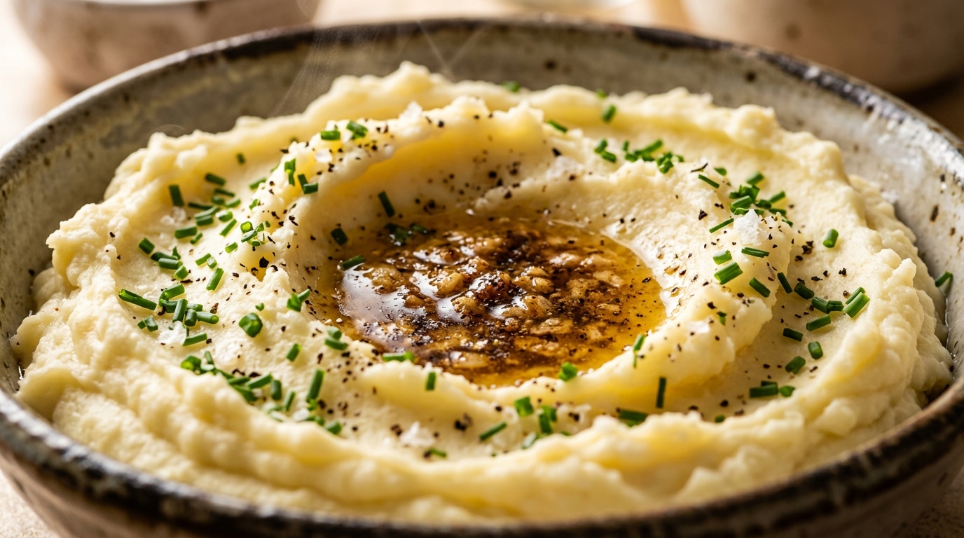 Ultra close-up macro of velvety mashed potatoes swirled with nutty brown butter and fresh chives