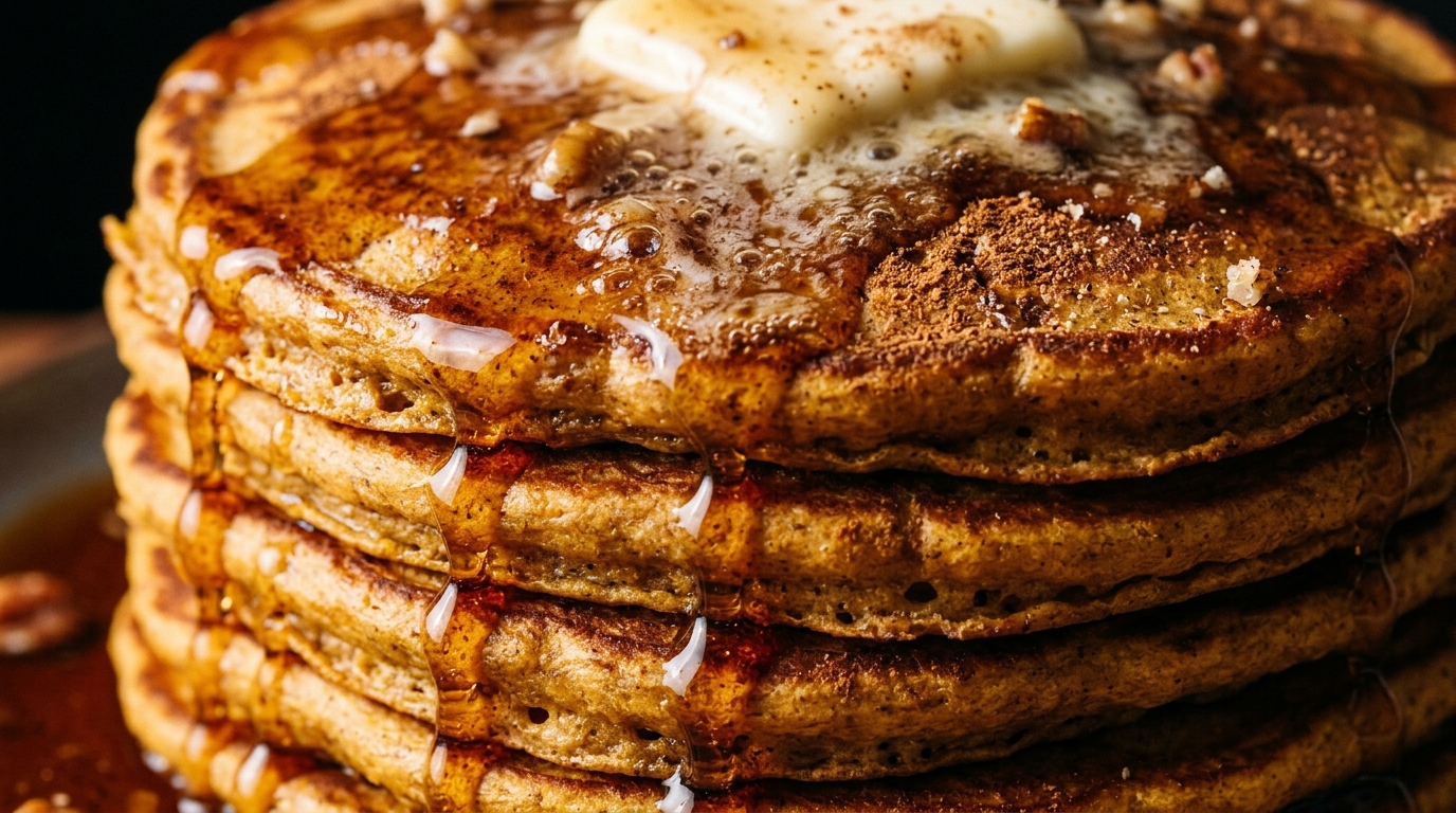 Ultra close-up macro of fluffy pumpkin spice buttermilk pancakes with cascading maple syrup and melting butter