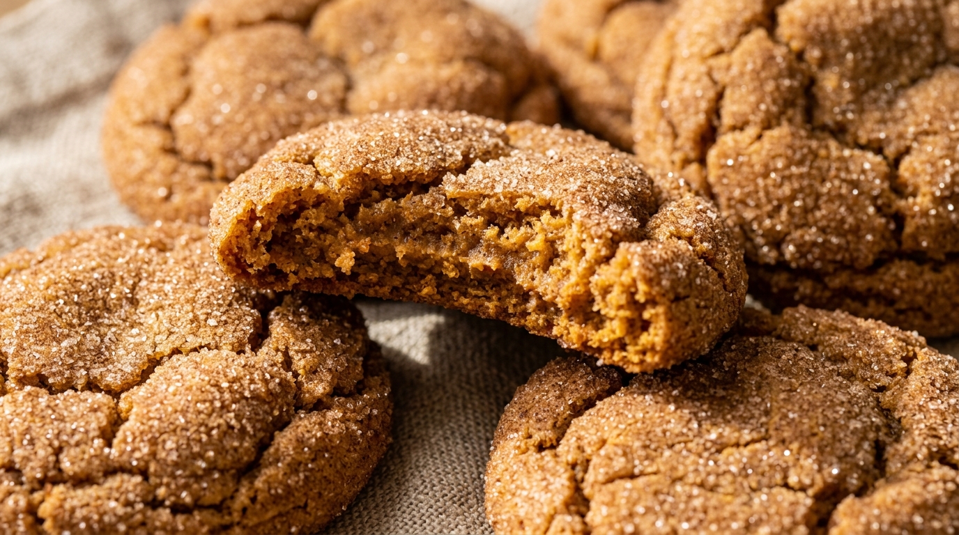 Ultra close-up macro of chewy brown butter pumpkin snickerdoodle cookies with sparkling cinnamon sugar crust and soft center