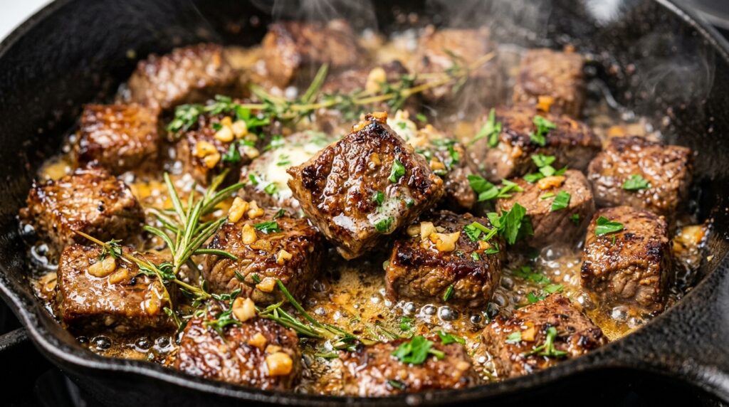 Ultra close-up macro of tender garlic herb butter sirloin steak tips sizzling in cast iron skillet