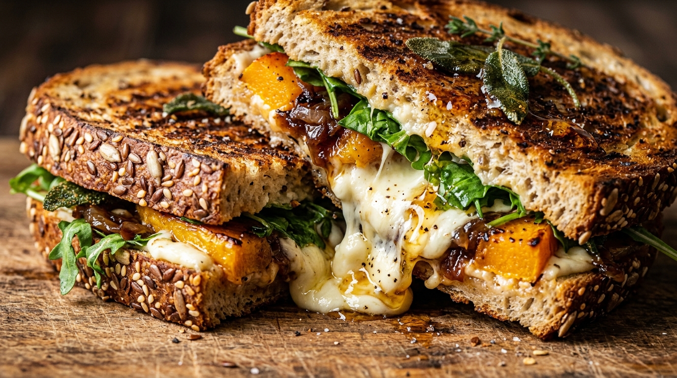 Ultra close-up macro of warm roasted butternut squash and goat cheese panini with molten cheese pull and hot honey
