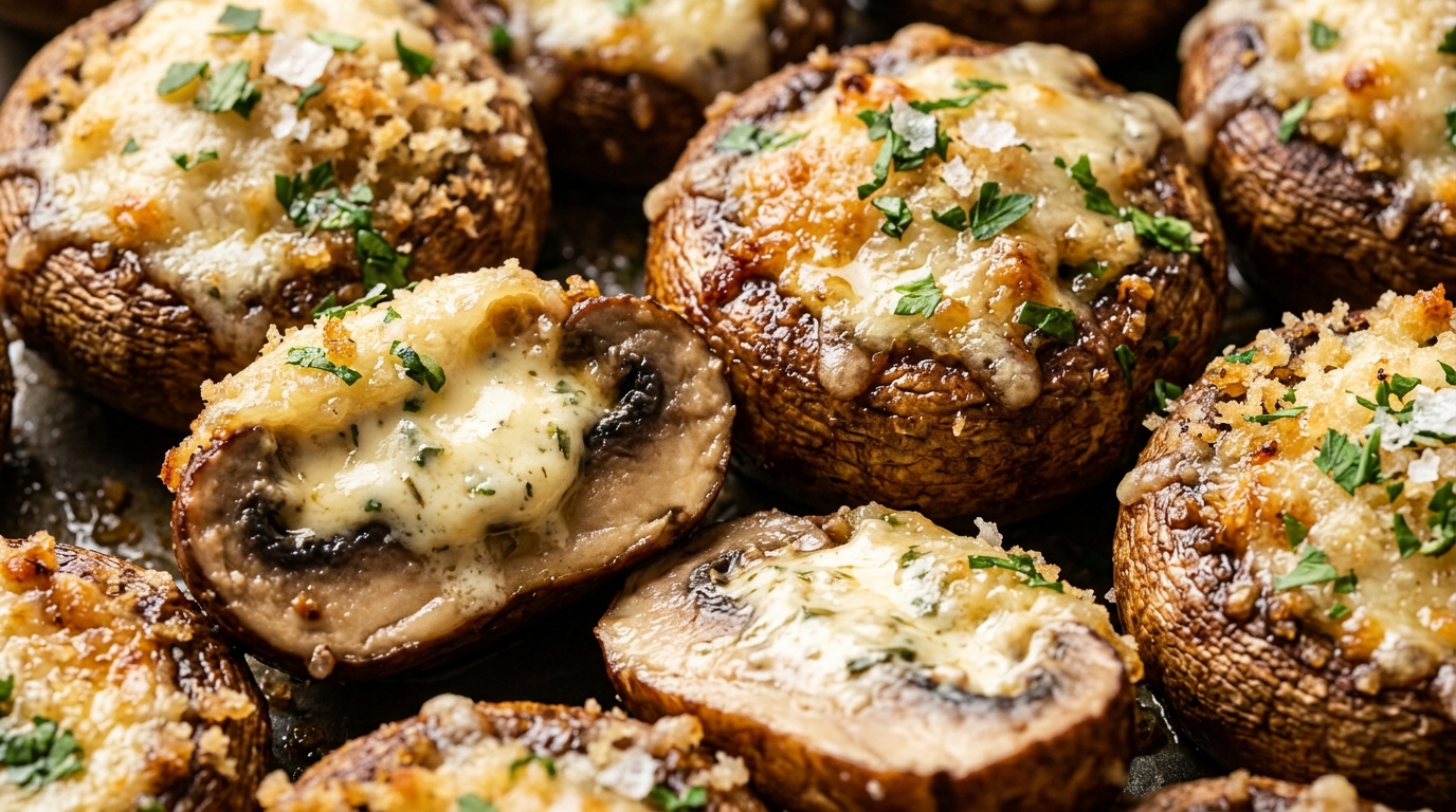 Ultra close-up macro of garlic parmesan stuffed mushrooms with bubbling cream cheese and golden panko crust