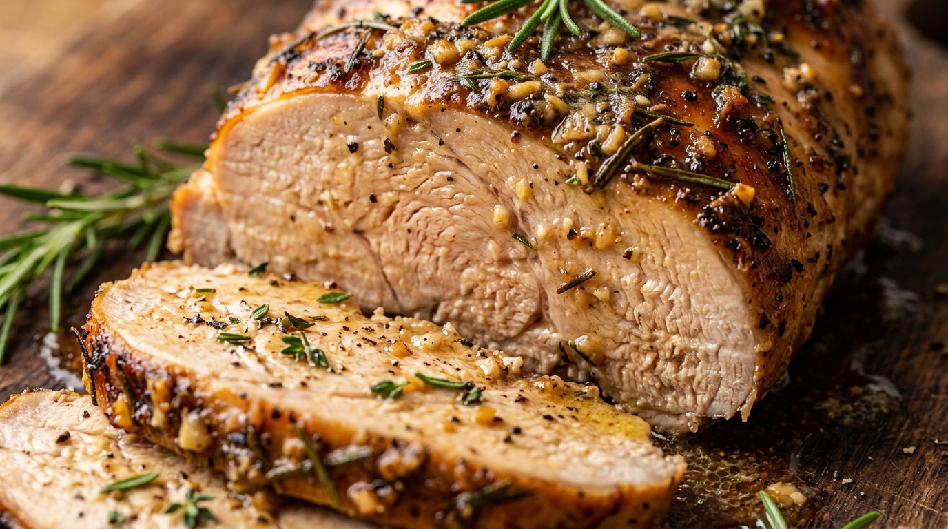 Ultra close-up macro of juicy garlic herb butter roasted turkey tenderloin carved into thick succulent slices