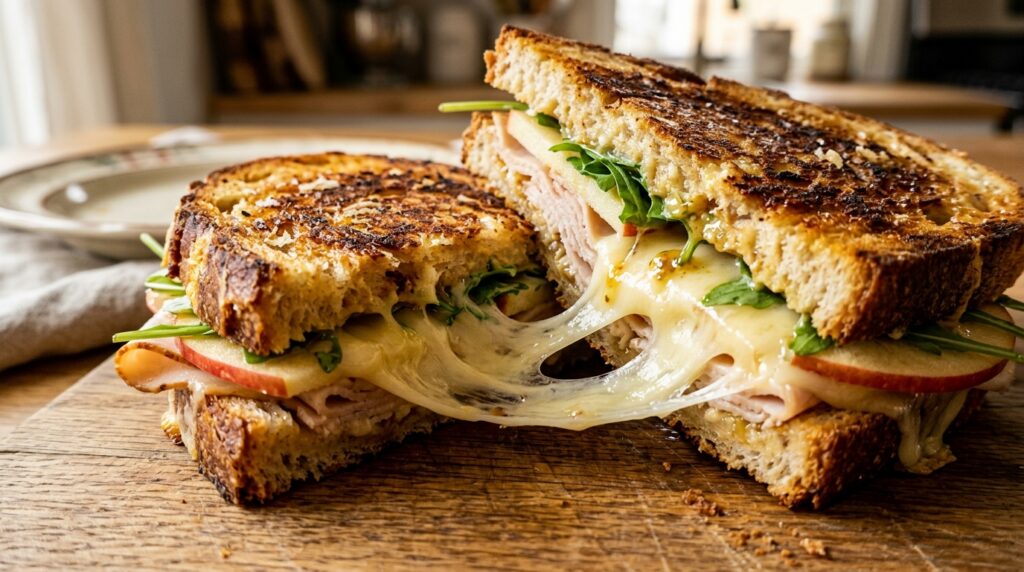 Ultra close-up macro of warm turkey apple cheddar panini with melted sharp white cheddar cheese and crisp Honeycrisp apple slices