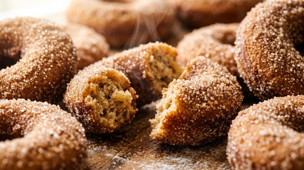 Ultra close-up macro food photography of warm freshly baked apple cider donuts heavily coated in sparkling cinnamon sugar crystals