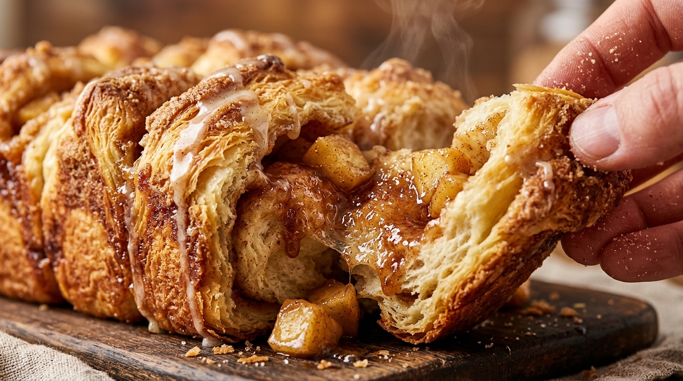 Ultra close-up macro of flaky golden apple cinnamon pull-apart bread being pulled apart with gooey caramelized apple filling and vanilla icing