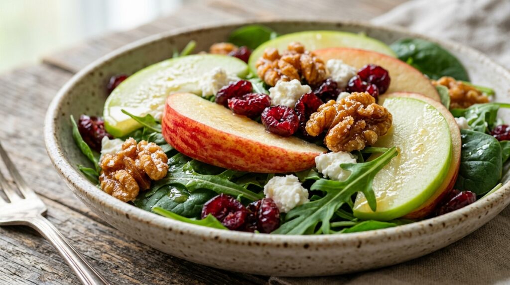 Ultra close-up macro of fresh Honeycrisp apple slices, candied walnuts, goat cheese, and maple vinaigrette salad