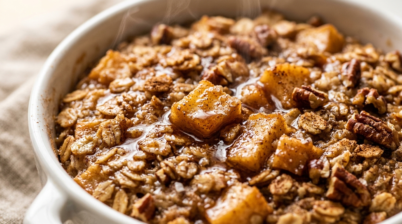 Ultra close-up macro of warm golden baked apple cinnamon oatmeal with caramelized apples and pecans