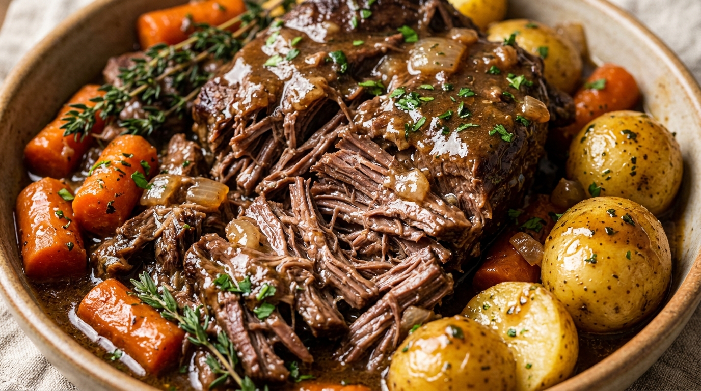 Ultra close-up macro food photography of tender slow cooker beef pot roast falling apart into juicy shreds with carrots, baby potatoes, and rich brown gravy