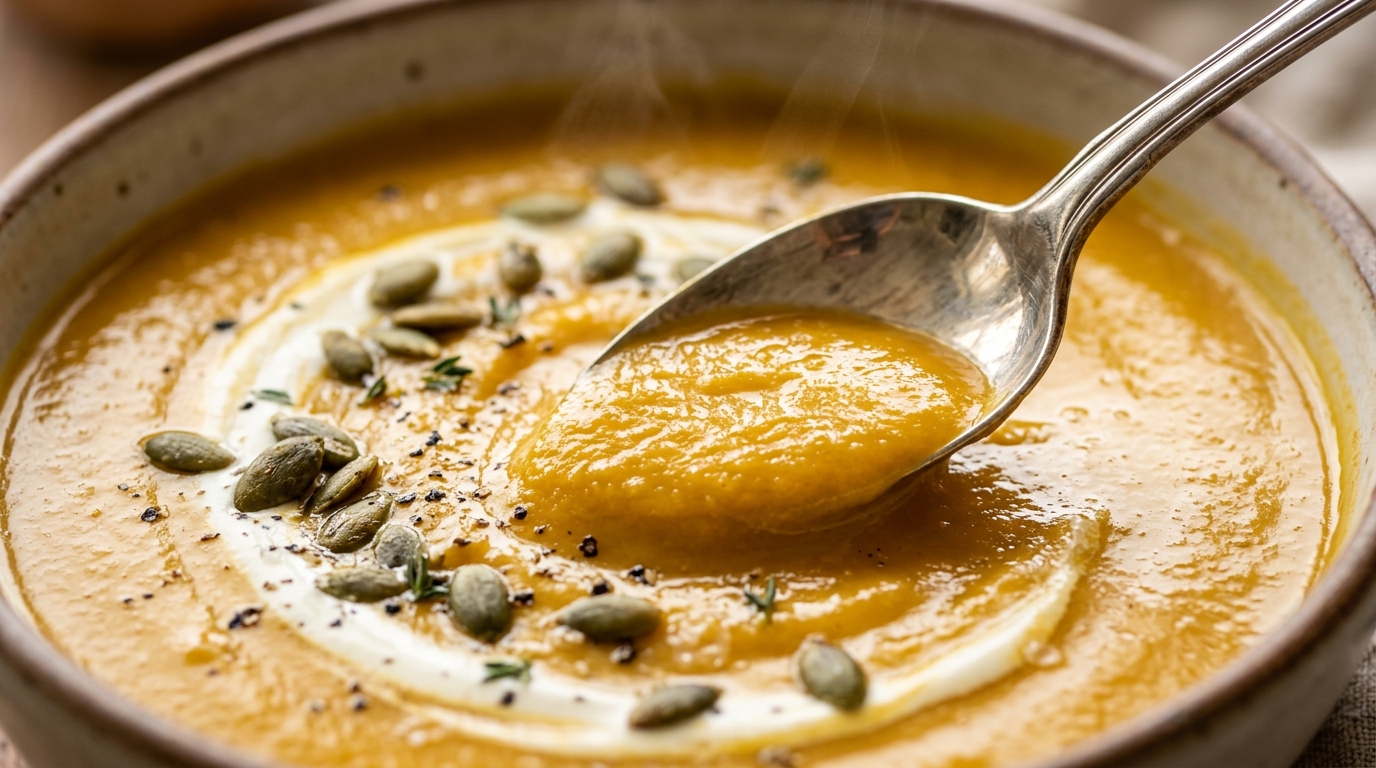 Ultra close-up macro of creamy roasted butternut squash soup with silver spoon lifting velvety golden soup garnished with cream swirl and crunchy pepitas