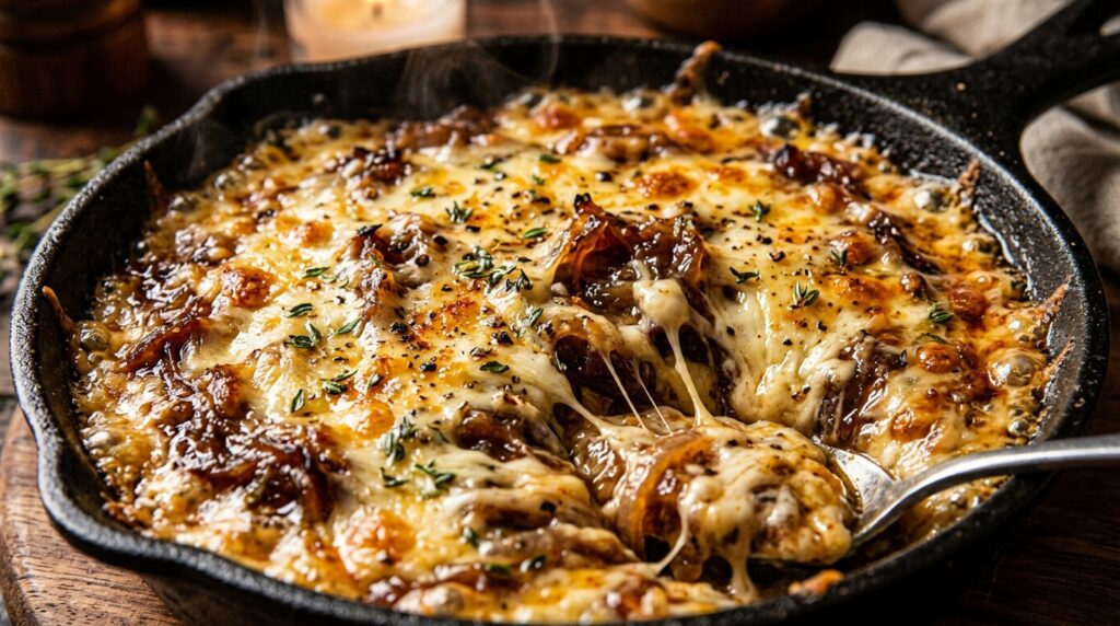 Ultra close-up macro of warm bubbling caramelized onion and gruyere dip in cast iron skillet with golden blistered melted cheese