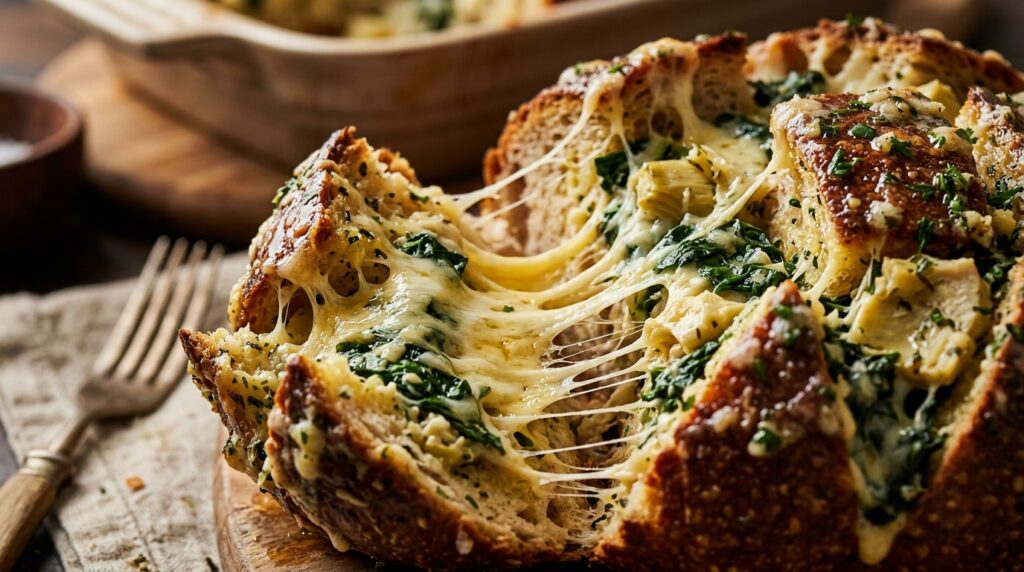 Ultra close-up macro of bubbling cheesy spinach artichoke garlic bread with melted mozzarella pull