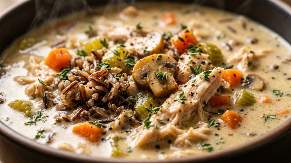 Ultra close-up macro of creamy chicken and wild rice soup with shredded chicken, nutty wild rice, and sliced cremini mushrooms