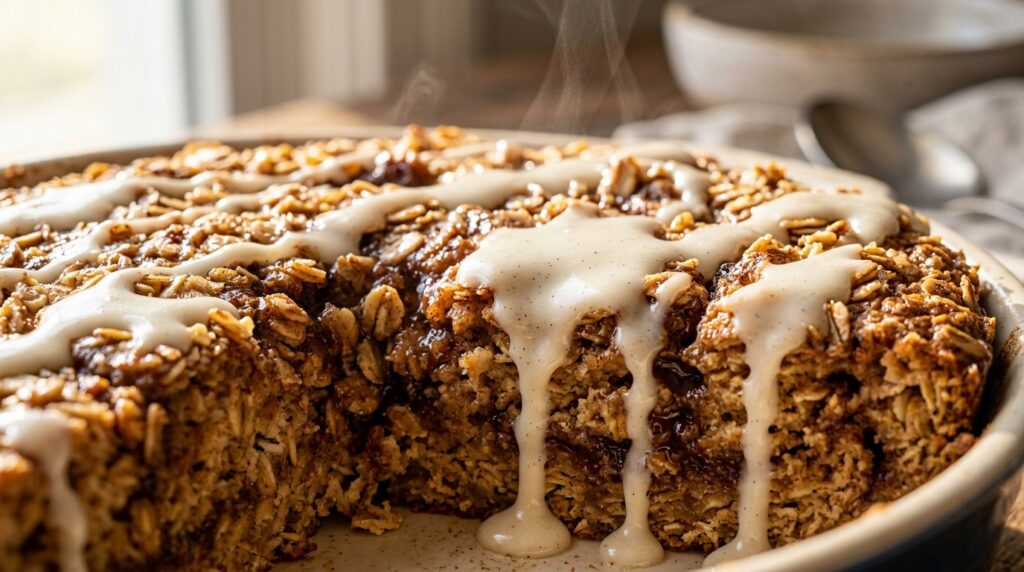 Ultra close-up macro of cozy cinnamon roll baked oatmeal with golden oat crust and cascading vanilla cream cheese glaze