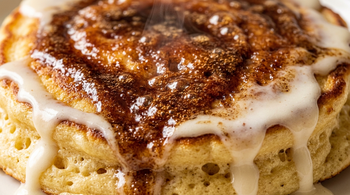 Ultra close-up macro of golden fluffy buttermilk pancake with bubbling caramelized cinnamon swirl and melting vanilla cream cheese glaze