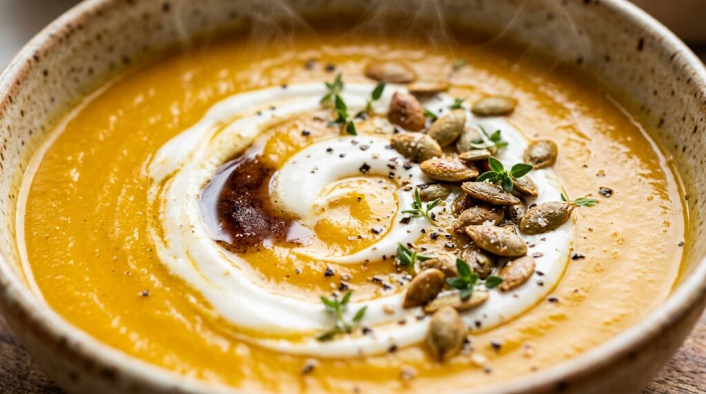 Ultra close-up macro of velvety cozy butternut squash apple soup swirled with coconut cream and roasted pepitas
