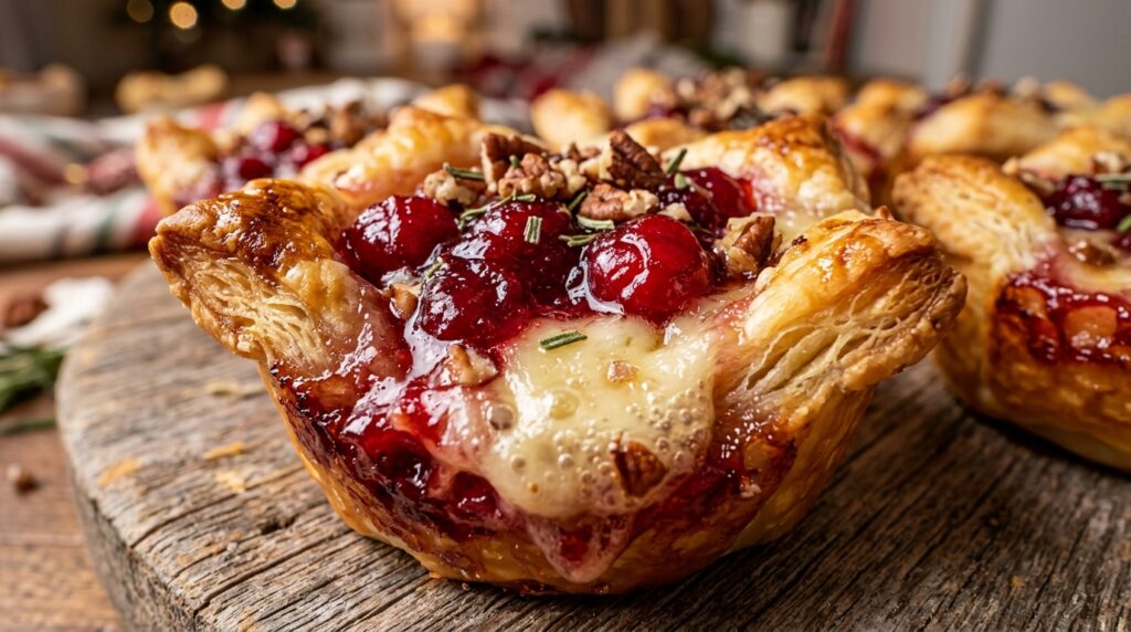 Ultra close-up macro of flaky cranberry brie tartlets in bite-sized puff pastry cups with melted brie and bubbling ruby cranberry compote