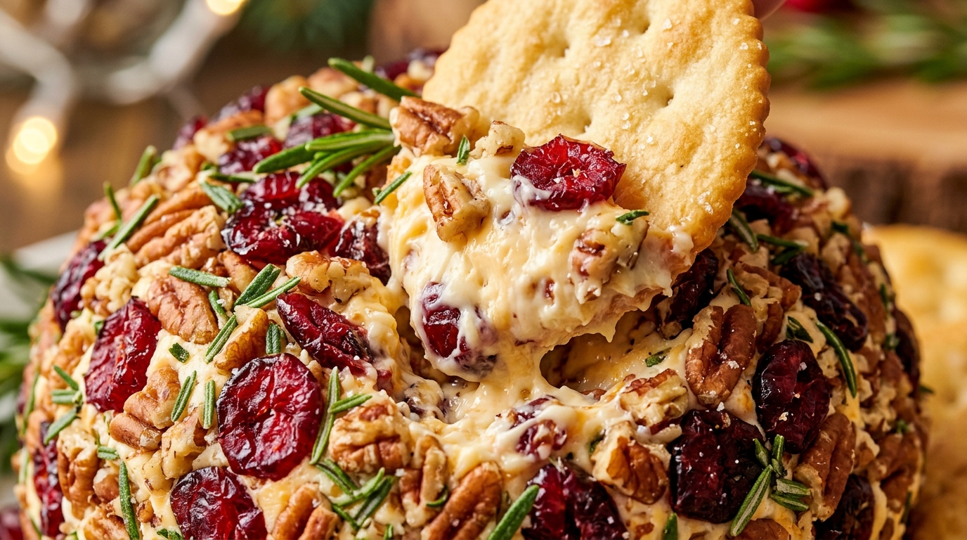 Ultra close-up macro of festive cranberry pecan cheese ball with crispy cracker scooping rich creamy cheddar filling rolled in toasted pecans and dried cranberries