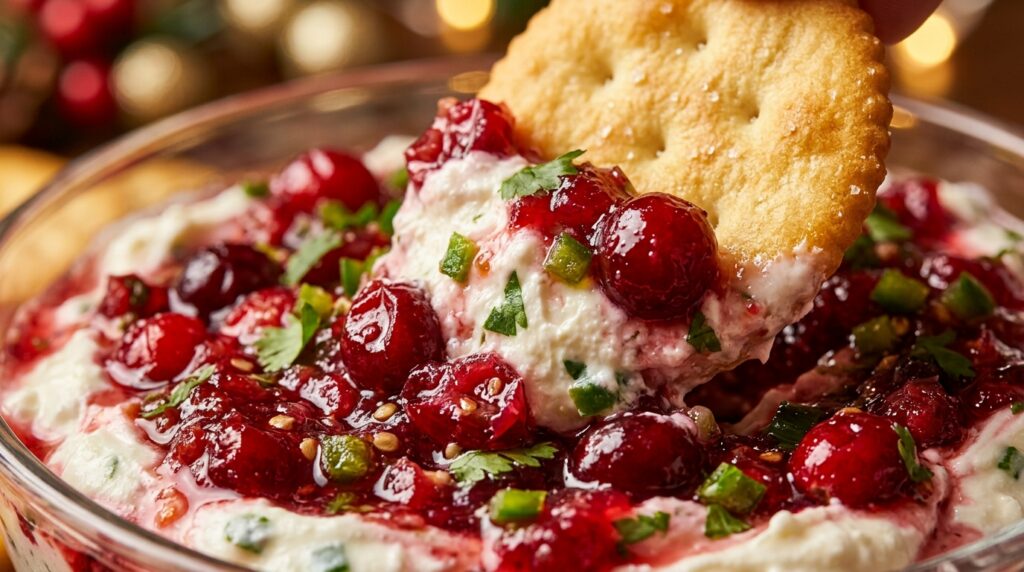 Ultra close-up macro food photography of golden round buttery cracker scooping up festive cranberry jalapeno cream cheese dip