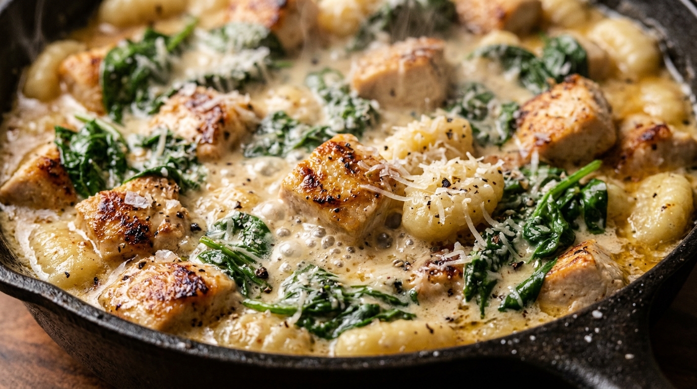 Ultra close-up macro of creamy chicken gnocchi skillet with seared chicken and bubbling parmesan sauce