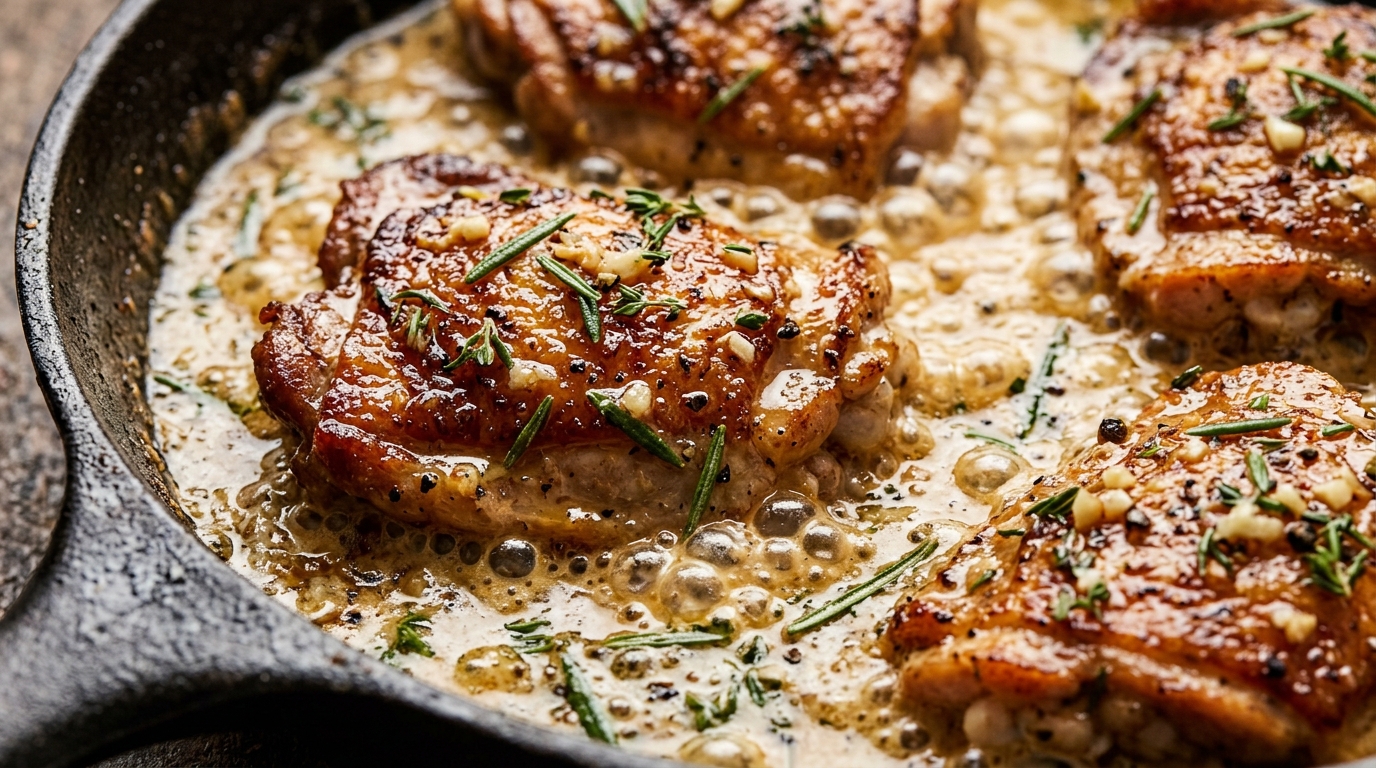 Ultra close-up macro of golden seared chicken thighs simmering in bubbling garlic herb cream sauce in cast iron skillet