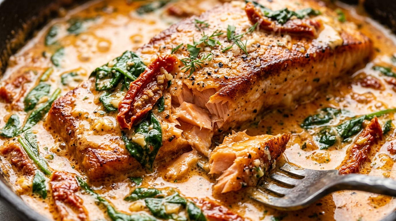Ultra close-up macro of pan-seared salmon simmering in bubbling sun-dried tomato garlic parmesan cream sauce