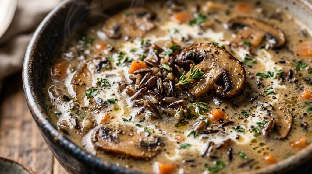 Ultra close-up macro of creamy wild rice and mushroom soup with caramelized cremini mushrooms, carrots, and fresh thyme