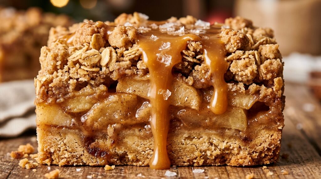 Ultra close-up macro of salted caramel apple pie bar showing shortbread crust, spiced apple layer, oat streusel, and dripping caramel