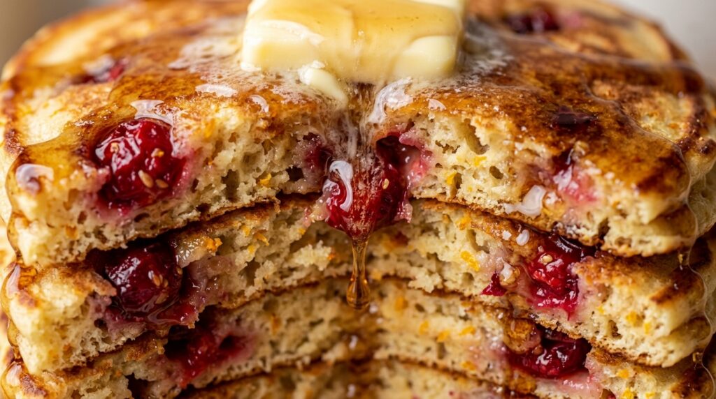 Ultra close-up macro of a tall stack of fluffy cranberry orange buttermilk pancakes with melting butter and dripping maple syrup