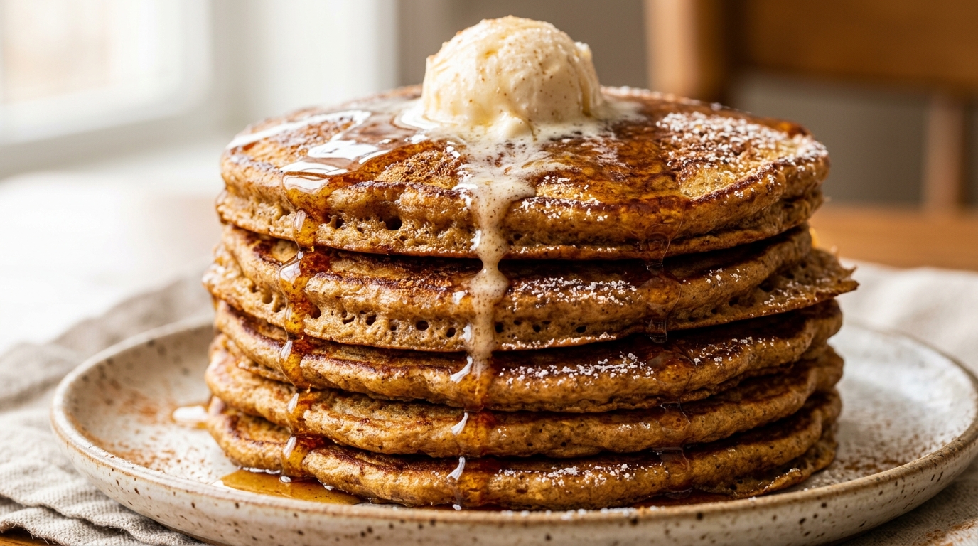 Ultra close-up macro of fluffy gingerbread buttermilk pancakes with cascading amber maple syrup and melting vanilla butter