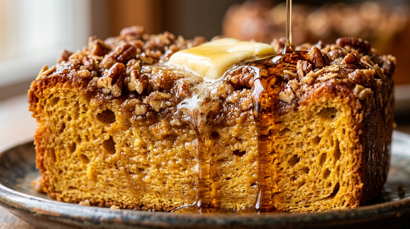 Ultra close-up macro of golden fluffy pumpkin spice French toast with dripping maple syrup and melting butter