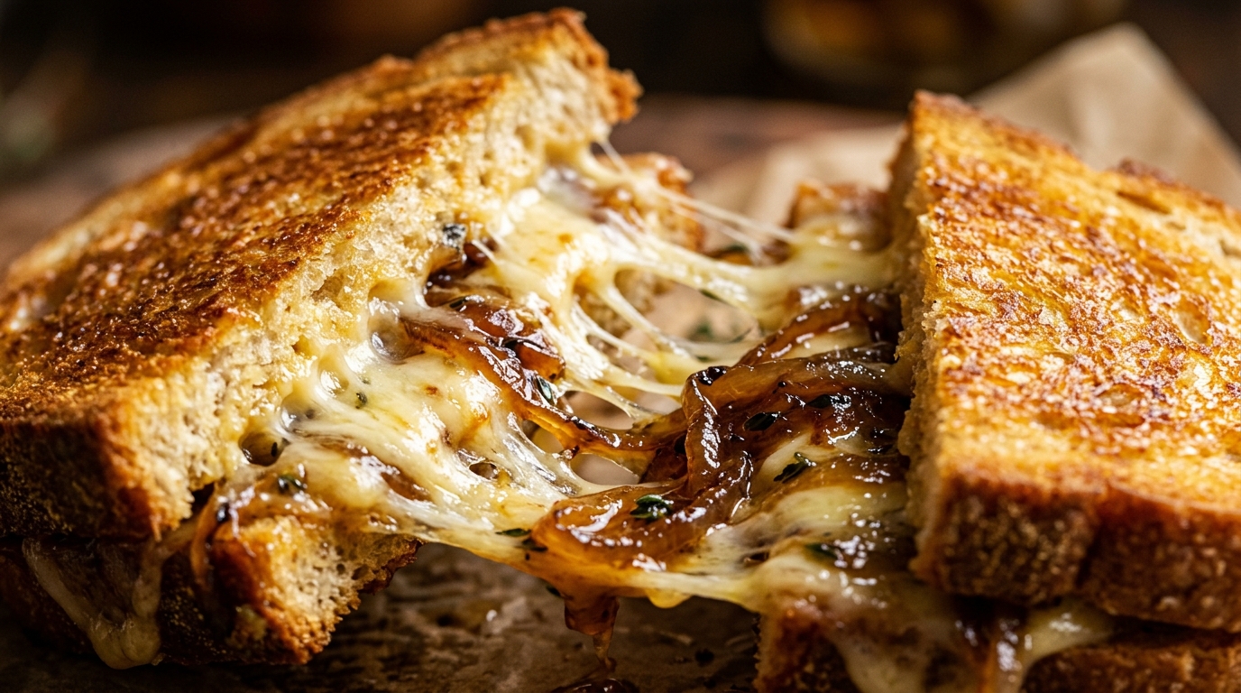 Ultra close-up macro of French onion grilled cheese with gooey melted Gruyere and caramelized onions