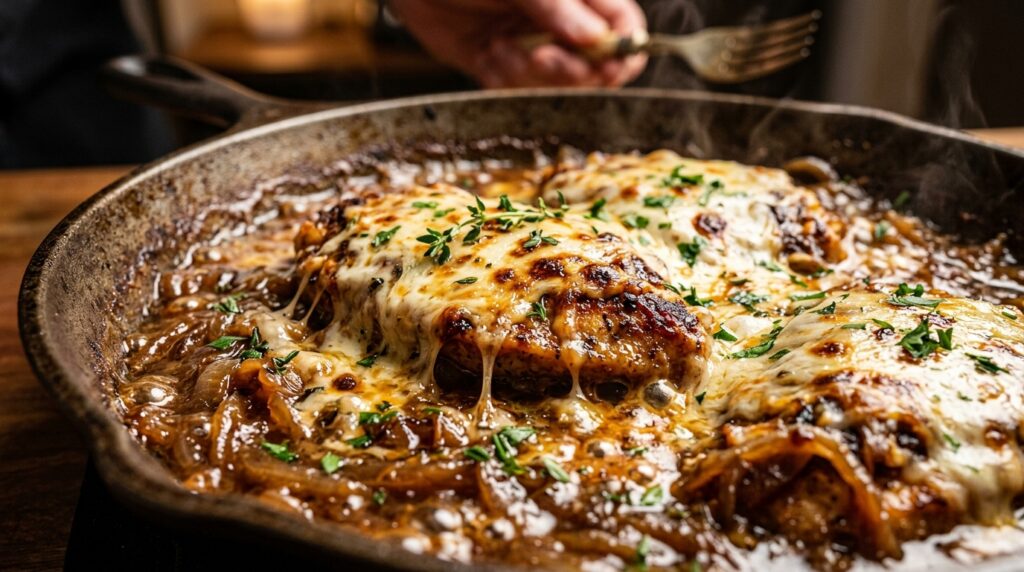Ultra close-up macro of bubbling one-pot French onion chicken skillet with melted golden Gruyere and savory caramelized onions