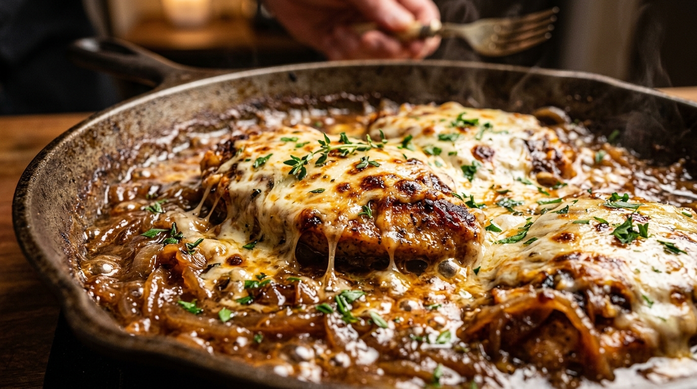 Ultra close-up macro of bubbling one-pot French onion chicken skillet with melted golden Gruyere and savory caramelized onions