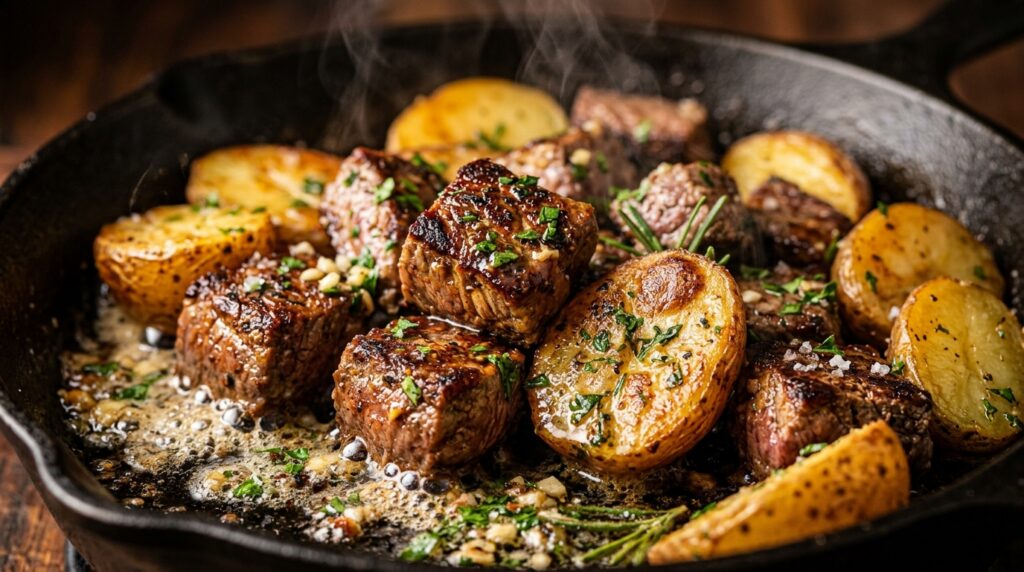 Ultra close-up macro of sizzling garlic butter steak bites and crispy golden baby potatoes in cast iron skillet