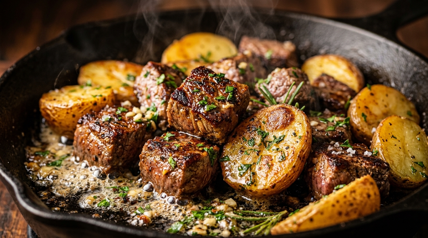 Ultra close-up macro of sizzling garlic butter steak bites and crispy golden baby potatoes in cast iron skillet
