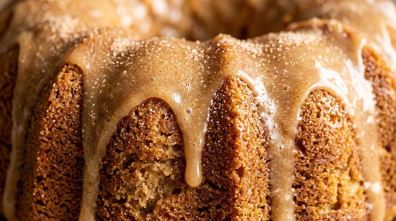Ultra close-up macro of glazed apple cider bundt cake with glistening spiced vanilla glaze dripping down fluted ridges